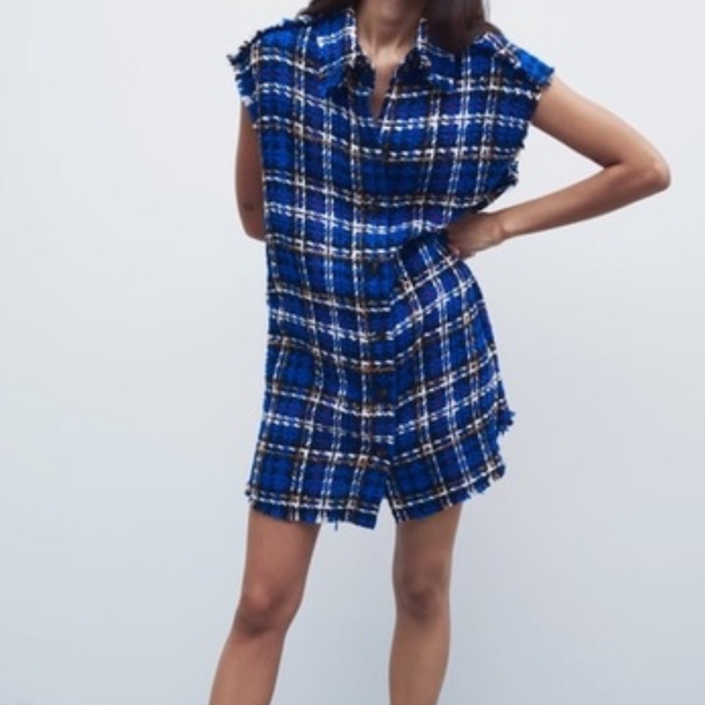 NWT ZARA Textured Checkered Blue Plaid Mini Dress Sz Small